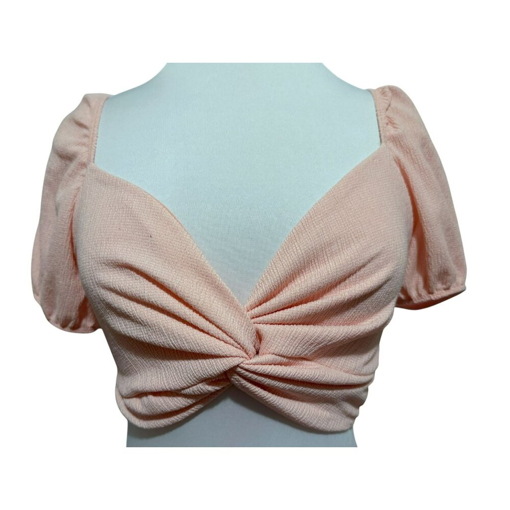Saints Pink Cropped Top Sz M Twisted Front Midriff Wrap Tie Puffed Sleeves Girly